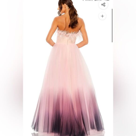 Mac Duggal 20557 STRAPLESS TULLE GOWN WITH FEATHER ACCENTS IN PINK OMBRE NWT - Picture 2 of 11